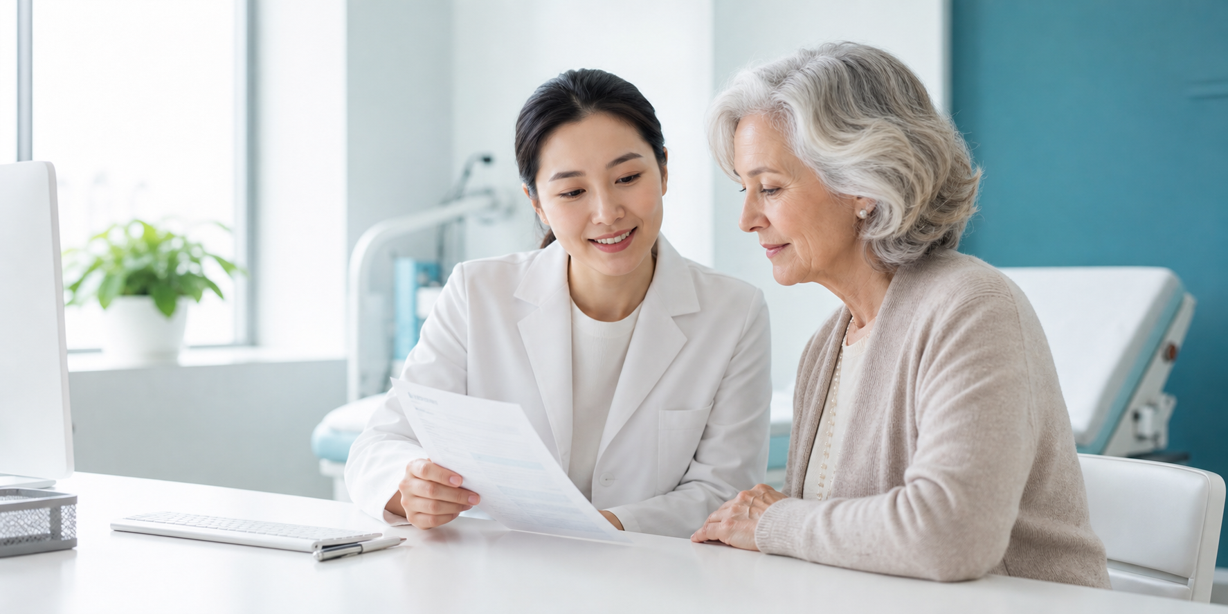 Chinese medical coordinator reviewing documents with an international patient